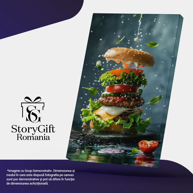 Tablou Canvas  Asamblarea unui Delicios Burger pe un Platou Rotund Negru cu Sos de Maioneza Deasupra , Pictura Digitala 40x25CM [4]