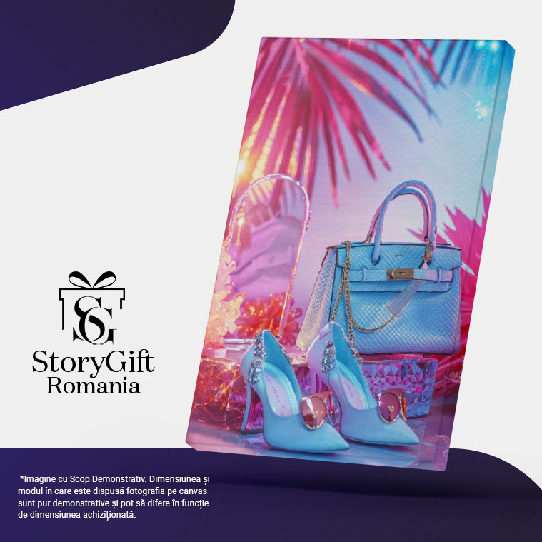 Tablou Canvas  Outfit Albastru, Pantofi cu cu Ochelari de Soare in Varf si Diamante si Geanta Albastra , Pictura Digitala 40x25CM [4]