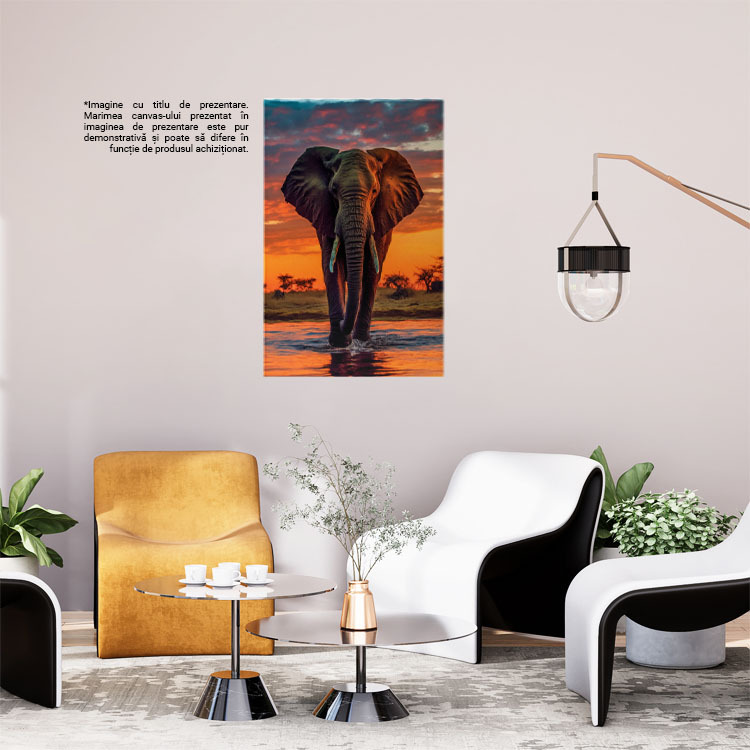 Tablou Canvas:  Fotografie cu un elefant la apusul soarelui - bland apa Pictura Digitala 40x25CM [1]