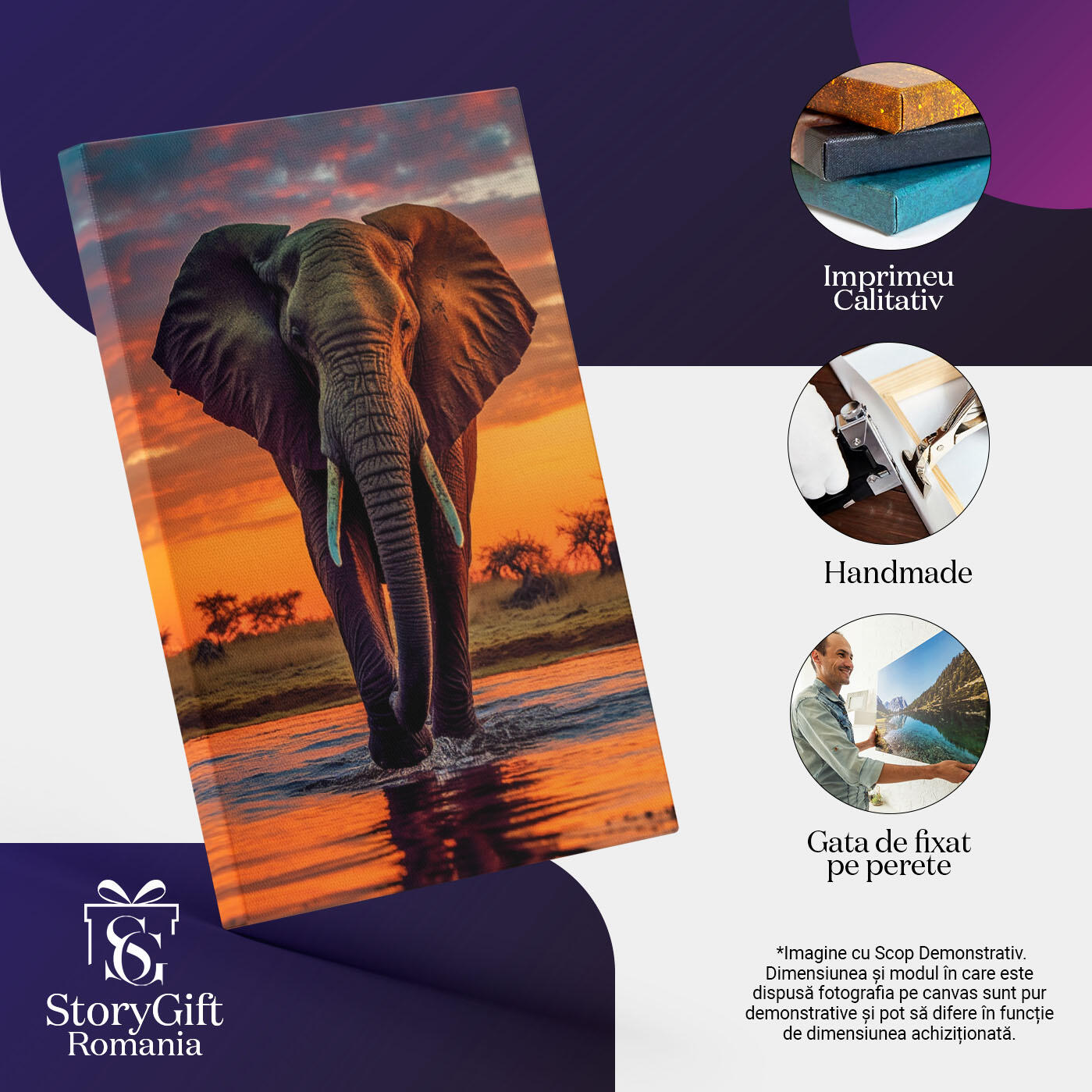 Tablou Canvas:  Fotografie cu un elefant la apusul soarelui - bland apa Pictura Digitala 40x25CM [2]