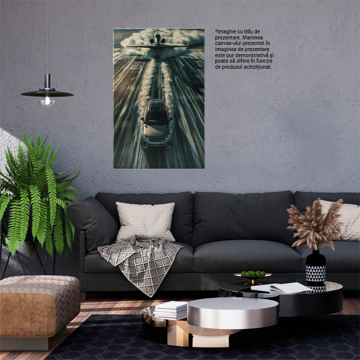 Tablou Canvas  Masina Range Rover de Culoare Gri in Fata Avionului pregatit de Decolare cu un Fum Puternic in Spate , Pictura Digitala 40x25CM [1]