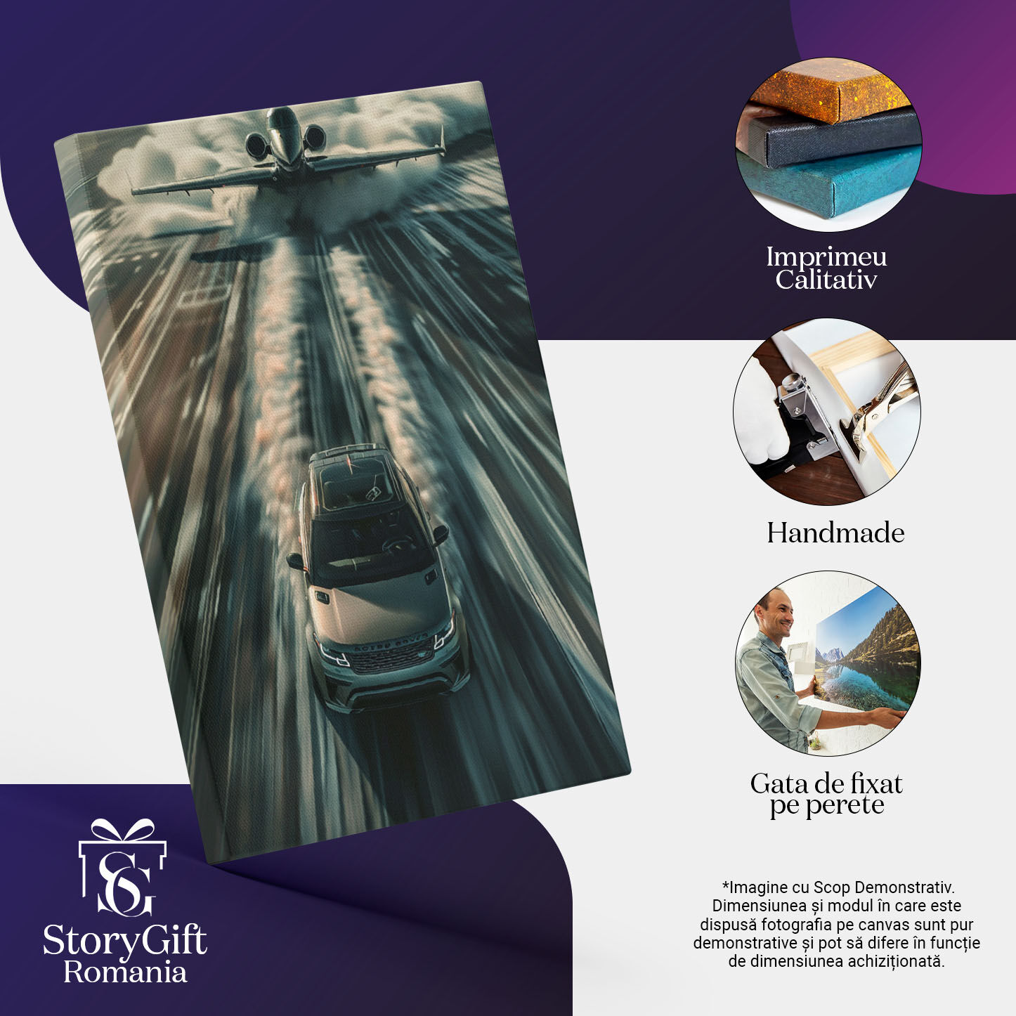 Tablou Canvas  Masina Range Rover de Culoare Gri in Fata Avionului pregatit de Decolare cu un Fum Puternic in Spate , Pictura Digitala 40x25CM [2]