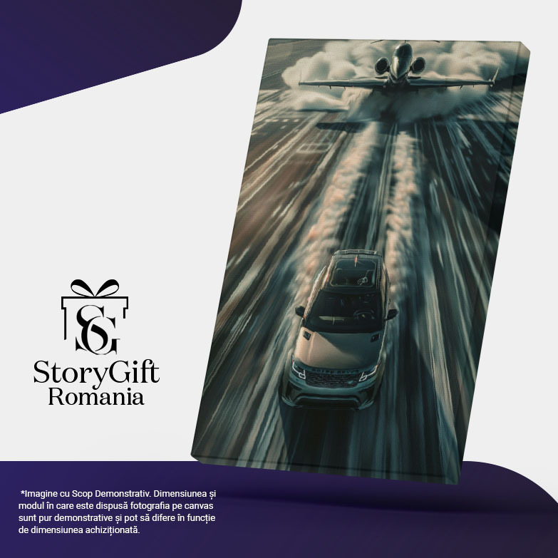 Tablou Canvas  Masina Range Rover de Culoare Gri in Fata Avionului pregatit de Decolare cu un Fum Puternic in Spate , Pictura Digitala 40x25CM [4]