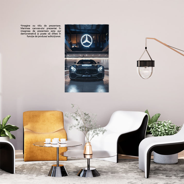 Tablou Canvas  Expozitie Auto de Masini Marca Mercedes, o Masina Frumoasa de Culoare Gri Mercedes AMG , Pictura Digitala 40x25CM [1]
