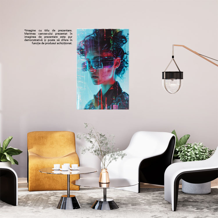 Tablou Canvas  Dama cu Pete pe Chip cu Ochelari Leduri si Parul Saten in Jacheta Sclipitoare Neagra  , Pictura Digitala 40x25CM [1]