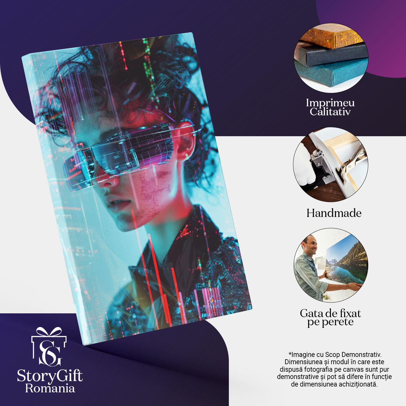 Tablou Canvas  Dama cu Pete pe Chip cu Ochelari Leduri si Parul Saten in Jacheta Sclipitoare Neagra  , Pictura Digitala 40x25CM [2]