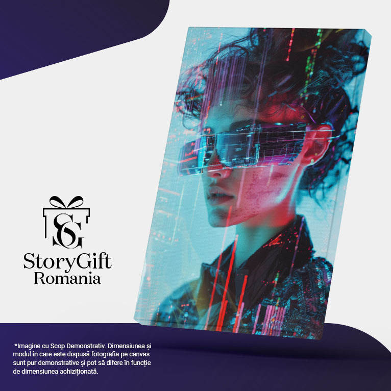 Tablou Canvas  Dama cu Pete pe Chip cu Ochelari Leduri si Parul Saten in Jacheta Sclipitoare Neagra  , Pictura Digitala 40x25CM [4]