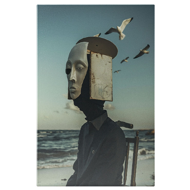 Abstract - Tablou Canvas  Personaj Misterios cu o Masca pe Chip pe un Scaun langa Valurile Marii si Pescarusi Deasupra , Pictura Digitala 40x25CM