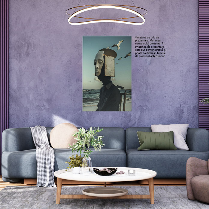 Tablou Canvas  Personaj Misterios cu o Masca pe Chip pe un Scaun langa Valurile Marii si Pescarusi Deasupra , Pictura Digitala 40x25CM [1]