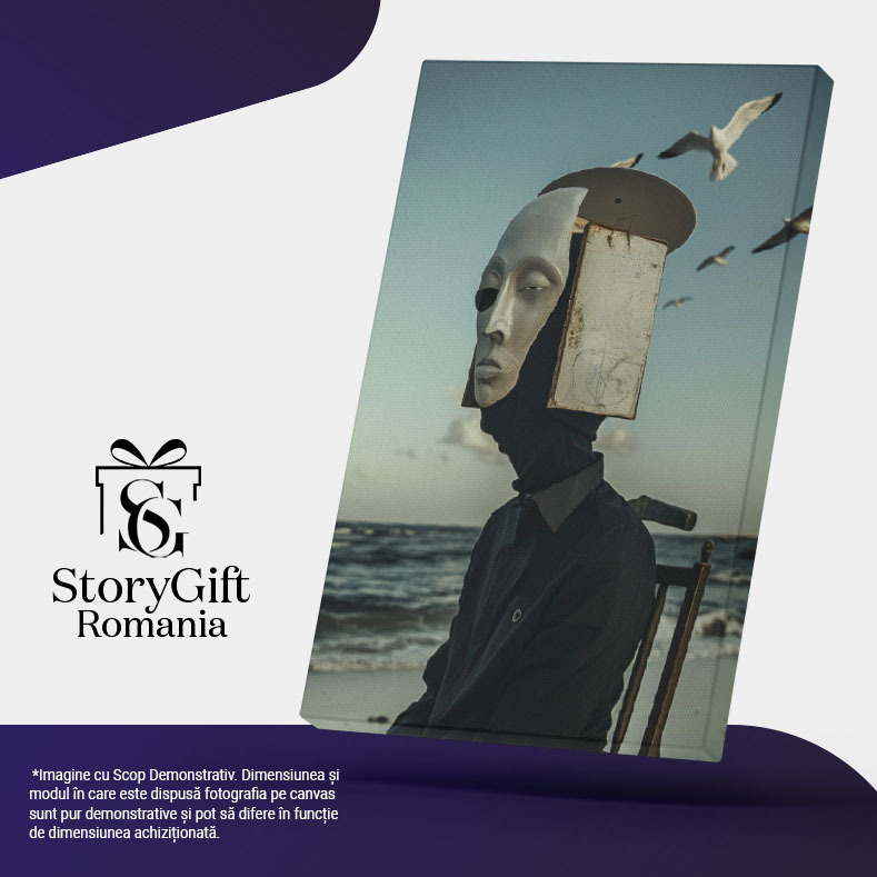 Tablou Canvas  Personaj Misterios cu o Masca pe Chip pe un Scaun langa Valurile Marii si Pescarusi Deasupra , Pictura Digitala 40x25CM [4]