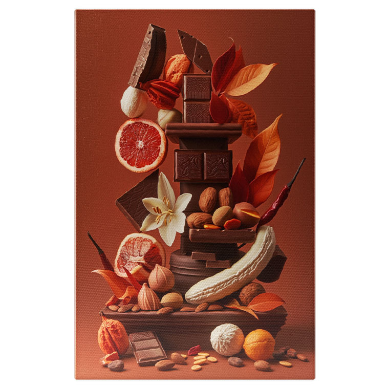 Diverse - Tablou Canvas  Piramida Apetisanta din Fructe si Ciocolata Decorata cu Floricele si Frunze cu Ardei Iuti Rosii , Pictura Digitala 40x25CM