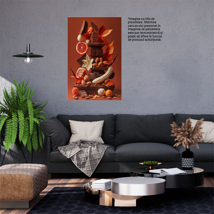 Tablou Canvas  Piramida Apetisanta din Fructe si Ciocolata Decorata cu Floricele si Frunze cu Ardei Iuti Rosii , Pictura Digitala 40x25CM [1]