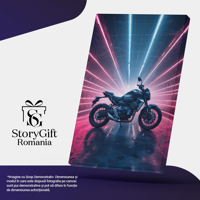 Tablou Canvas  Camera cu Lumini Roz in care sta Motocicleta Neagra, Garajul unui Pasionat de Motociclete , Pictura Digitala 40x25CM [4]