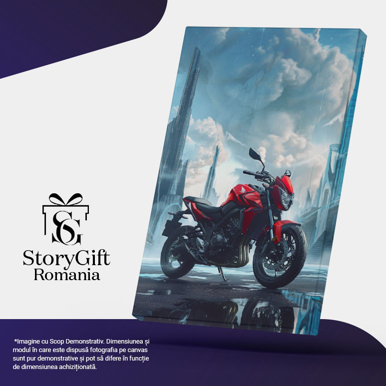 Tablou Canvas  Rosia Motocicleta Asezata in Mijlocul Drumului cu Cladirile Inalte si Nori Pufosi pe Cerul Senin , Pictura Digitala 40x25CM [4]