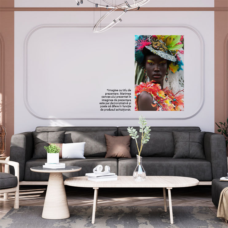 Tablou Canvas  Negresa cu Fard Galben la Ochi cu Buzele Mari si Cercei cu Palarie in Rochie cu Pene si Margele , Pictura Digitala 40x25CM [1]