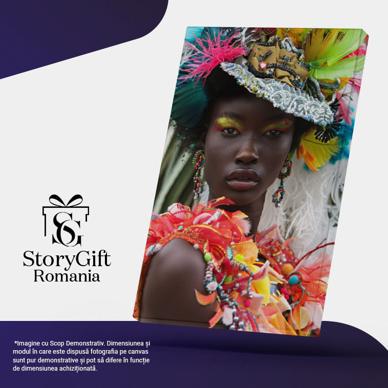 Tablou Canvas  Negresa cu Fard Galben la Ochi cu Buzele Mari si Cercei cu Palarie in Rochie cu Pene si Margele , Pictura Digitala 40x25CM [4]