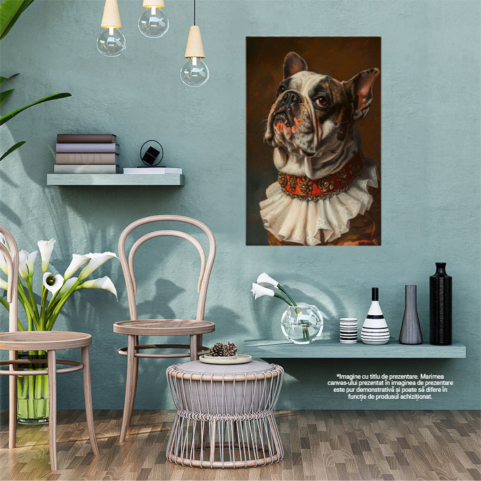 Tablou Canvas  Catelul Suparat cu Ochii Maro si Blana Alba-Maronie cu Zgarda Imbracat in Costum Elgenat , Pictura Digitala 40x25CM [1]