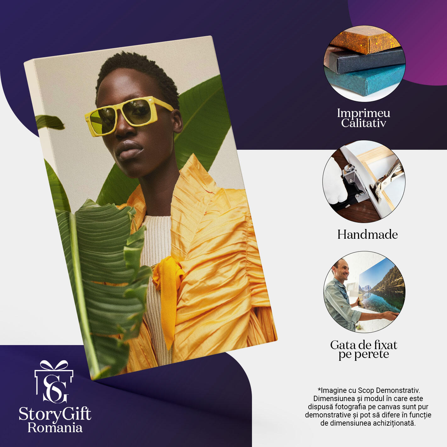 Tablou Canvas  Negresa cu Ochelarii Galbeni si Parul Scurt imbracata in Portocaliu Deschis care sta langa o Planta , Pictura Digitala 40x25CM [2]