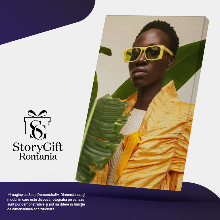 Tablou Canvas  Negresa cu Ochelarii Galbeni si Parul Scurt imbracata in Portocaliu Deschis care sta langa o Planta , Pictura Digitala 40x25CM [4]