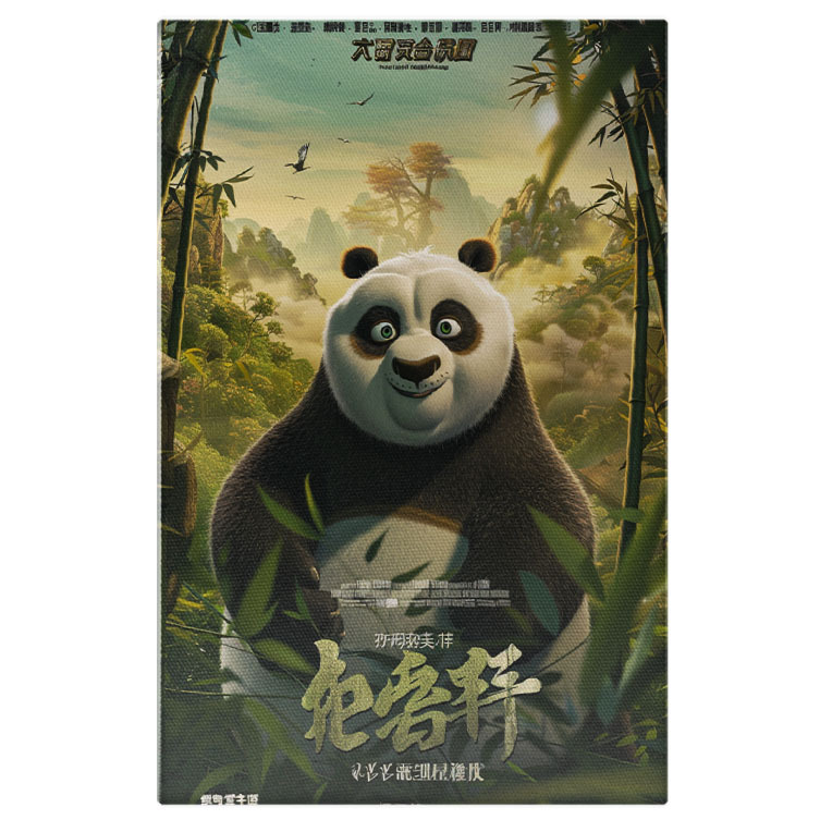 Personaje Desene Animate - Tablou Canvas  Filmul Kung Fu Panda, Ursul Panda cu Ochii Stralucitori Bucuros in Natura si Urechile Mici , Pictura Digitala 40x25CM