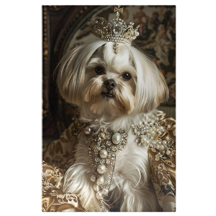 Câini - Tablou Canvas  Regina Catelus cu Ochii Negri si Coroana din Diamante pe Cap cu Manta si Colier Scump la Gat , Pictura Digitala 40x25CM