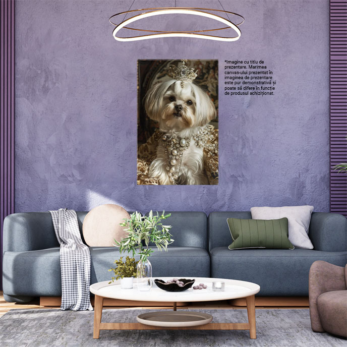 Tablou Canvas  Regina Catelus cu Ochii Negri si Coroana din Diamante pe Cap cu Manta si Colier Scump la Gat , Pictura Digitala 40x25CM [1]