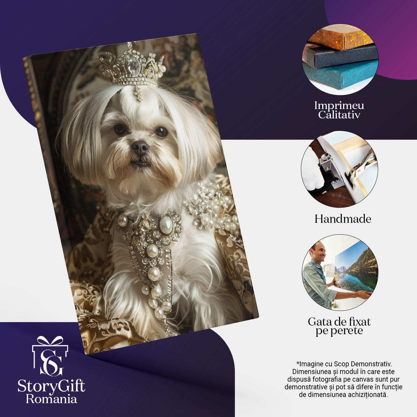 Tablou Canvas  Regina Catelus cu Ochii Negri si Coroana din Diamante pe Cap cu Manta si Colier Scump la Gat , Pictura Digitala 40x25CM [2]