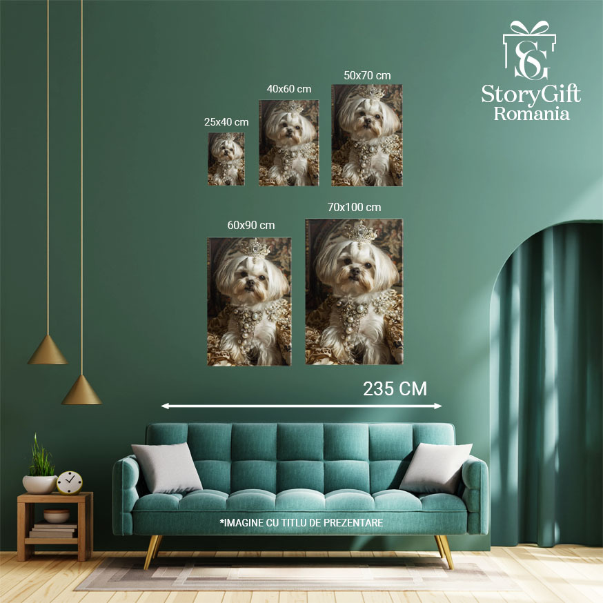 Tablou Canvas  Regina Catelus cu Ochii Negri si Coroana din Diamante pe Cap cu Manta si Colier Scump la Gat , Pictura Digitala 40x25CM [3]