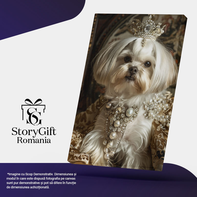 Tablou Canvas  Regina Catelus cu Ochii Negri si Coroana din Diamante pe Cap cu Manta si Colier Scump la Gat , Pictura Digitala 40x25CM [4]