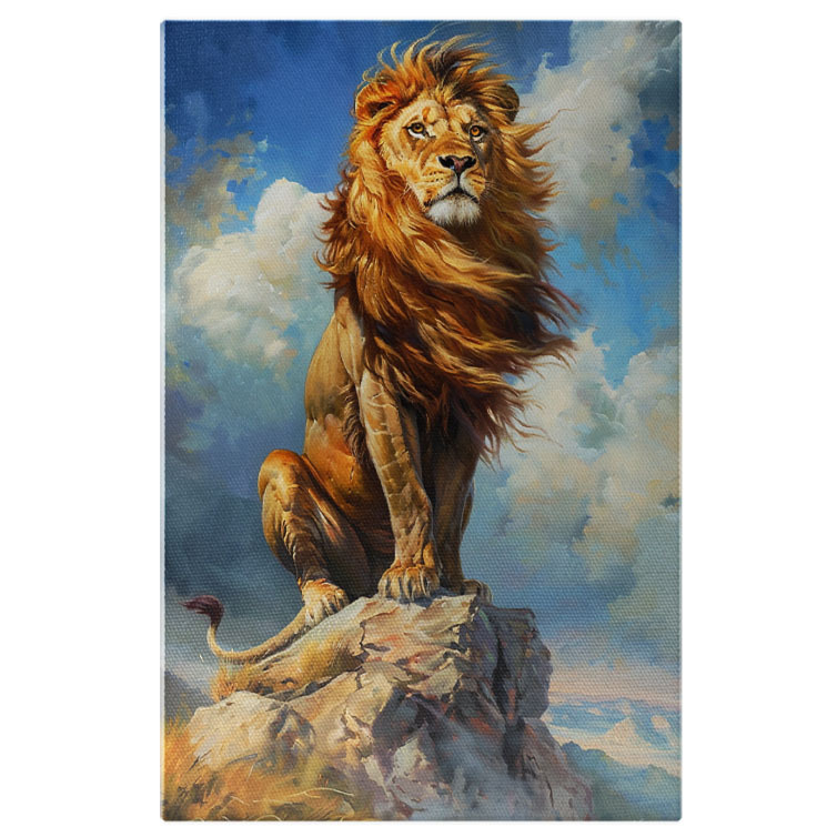 Animale - Tablou Canvas  Cnavas Leul Regele Junglei cu Privirea Ganditoare si Ochii Galbeni sta Urcat pe o Stanca Mica , Pictura Digitala 40x25CM