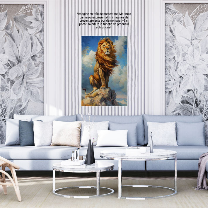 Tablou Canvas  Cnavas Leul Regele Junglei cu Privirea Ganditoare si Ochii Galbeni sta Urcat pe o Stanca Mica , Pictura Digitala 40x25CM [1]