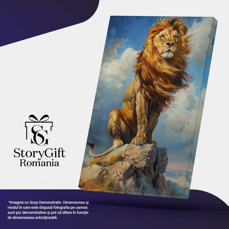 Tablou Canvas  Cnavas Leul Regele Junglei cu Privirea Ganditoare si Ochii Galbeni sta Urcat pe o Stanca Mica , Pictura Digitala 40x25CM [4]