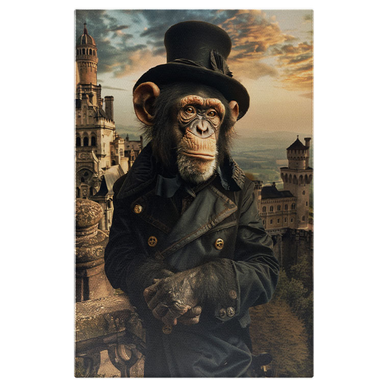 Animale - Tablou Canvas  Maimuta cu Palarie si Ochii Cparui intr-o Haina Lunga de Culoare Albastru Inchis cu Nasturi  , Pictura Digitala 40x25CM