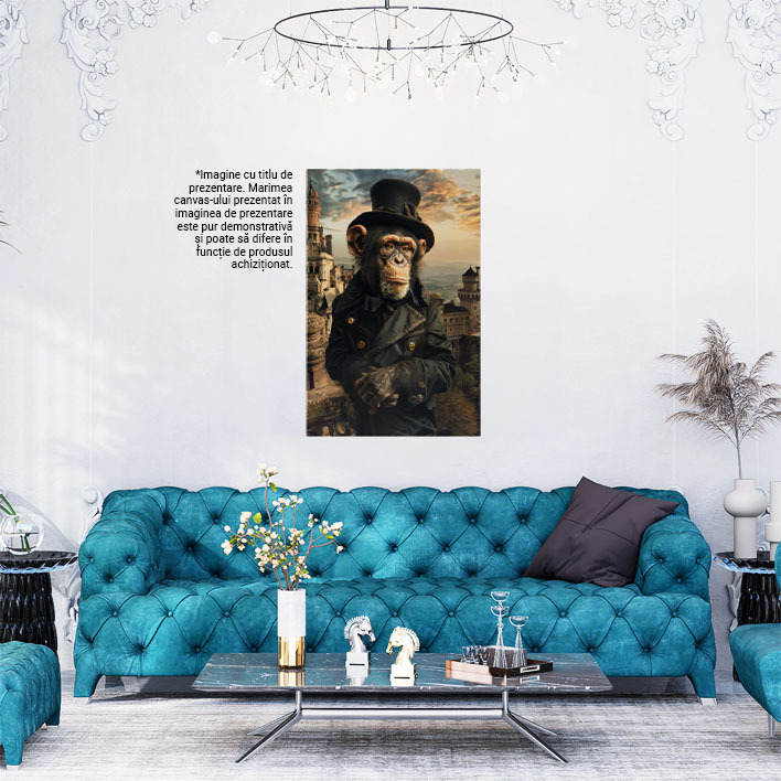 Tablou Canvas  Maimuta cu Palarie si Ochii Cparui intr-o Haina Lunga de Culoare Albastru Inchis cu Nasturi  , Pictura Digitala 40x25CM [1]