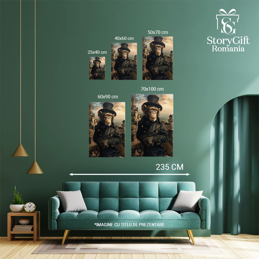 Tablou Canvas  Maimuta cu Palarie si Ochii Cparui intr-o Haina Lunga de Culoare Albastru Inchis cu Nasturi  , Pictura Digitala 40x25CM [3]