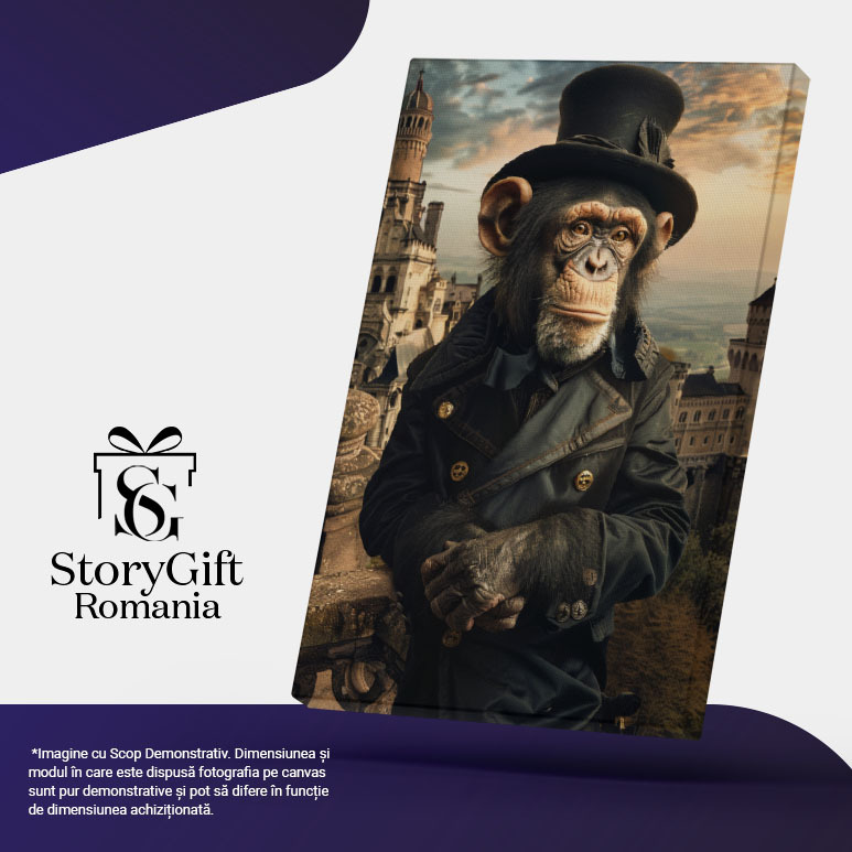 Tablou Canvas  Maimuta cu Palarie si Ochii Cparui intr-o Haina Lunga de Culoare Albastru Inchis cu Nasturi  , Pictura Digitala 40x25CM [4]