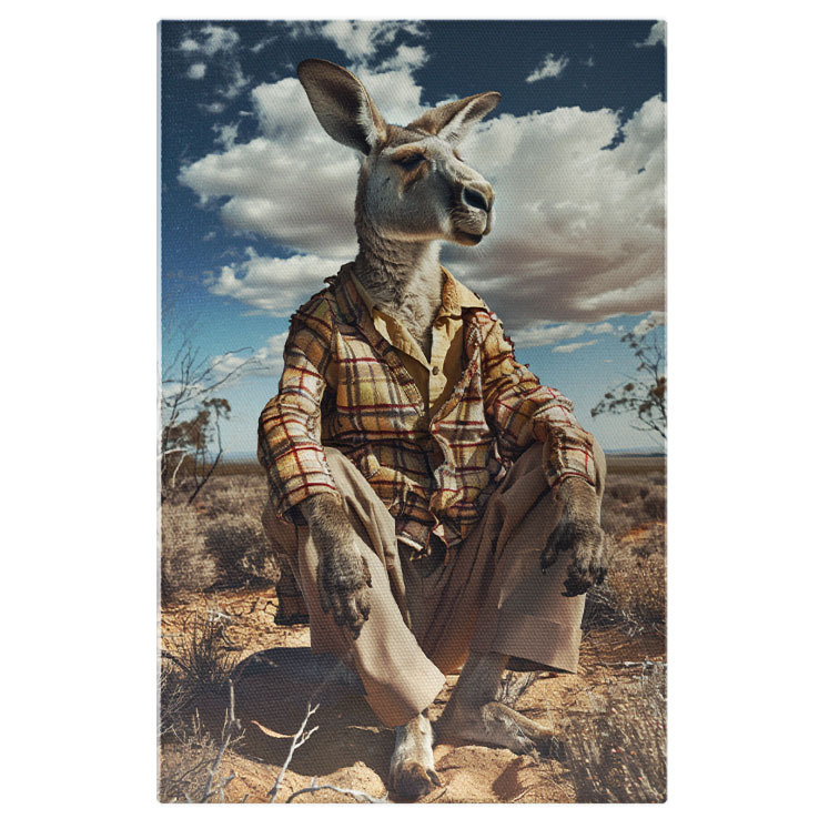 Animale - Tablou Canvas  Bunicul Cangur in Camasa cu Carouri si Pantaloni Bej sta si se Odihnesc pe Pamant cu Privire Suparata , Pictura Digitala 40x25CM