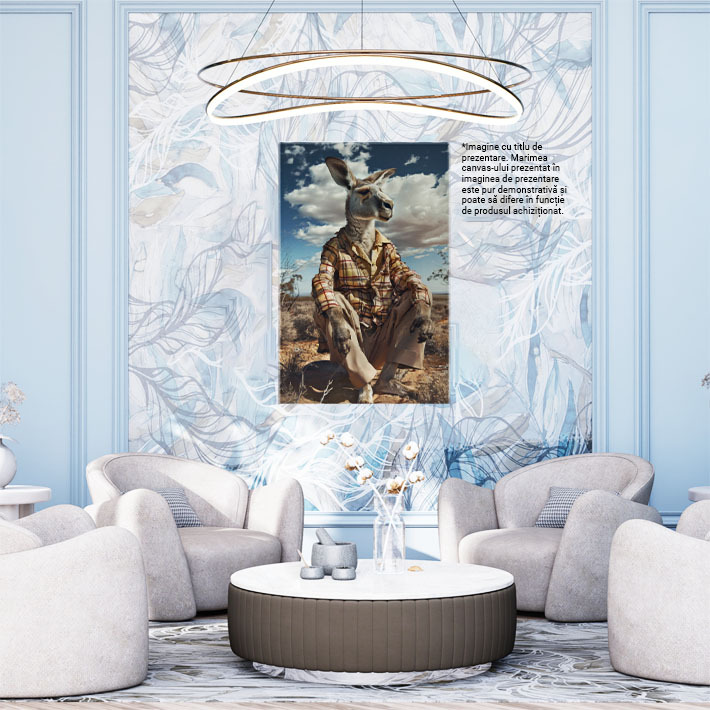 Tablou Canvas  Bunicul Cangur in Camasa cu Carouri si Pantaloni Bej sta si se Odihnesc pe Pamant cu Privire Suparata , Pictura Digitala 40x25CM [1]