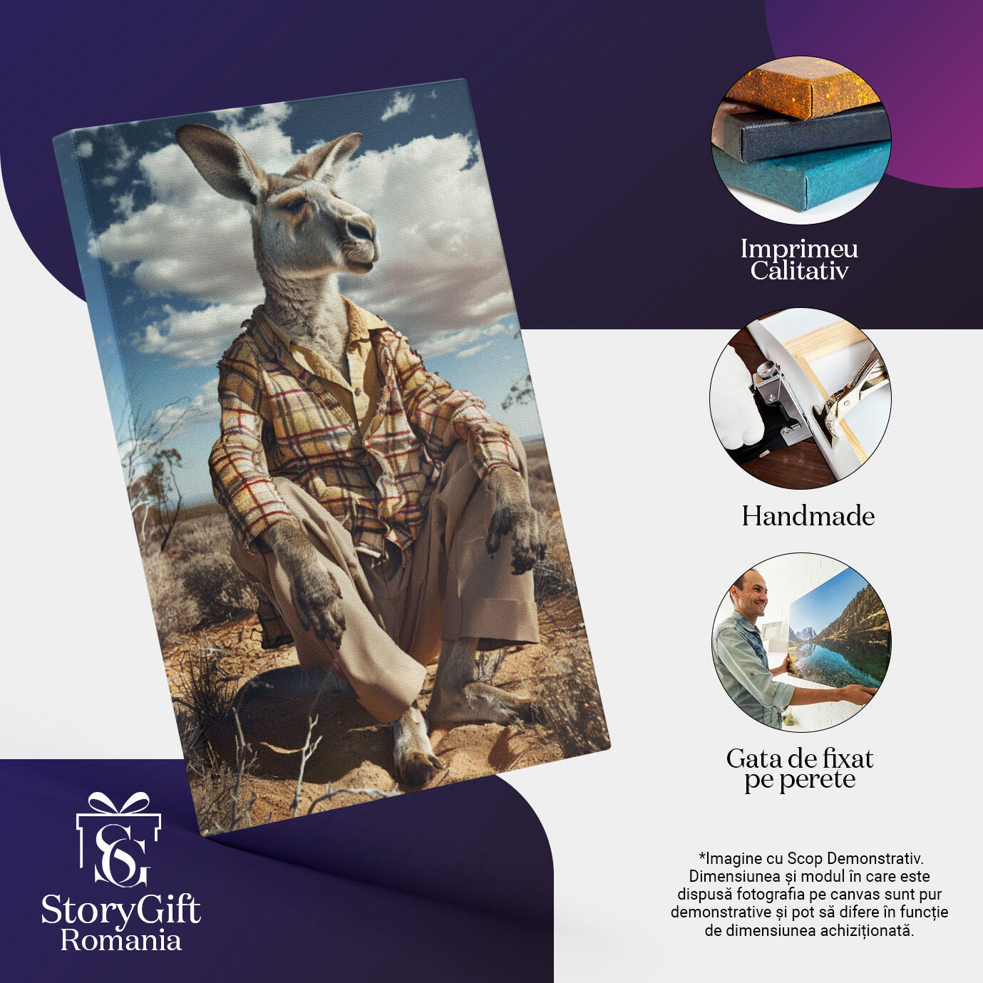 Tablou Canvas  Bunicul Cangur in Camasa cu Carouri si Pantaloni Bej sta si se Odihnesc pe Pamant cu Privire Suparata , Pictura Digitala 40x25CM [2]