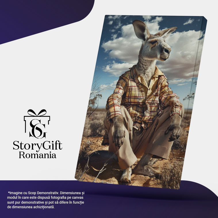 Tablou Canvas  Bunicul Cangur in Camasa cu Carouri si Pantaloni Bej sta si se Odihnesc pe Pamant cu Privire Suparata , Pictura Digitala 40x25CM [4]