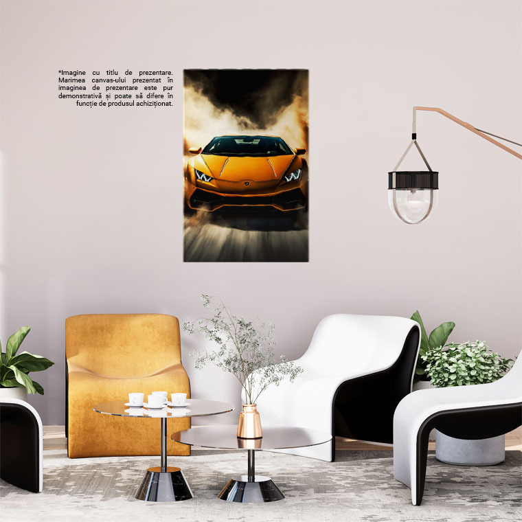 Tablou Canvas:  Lamborgini galben accelerand - praf off-road Pictura Digitala 40x25CM [1]