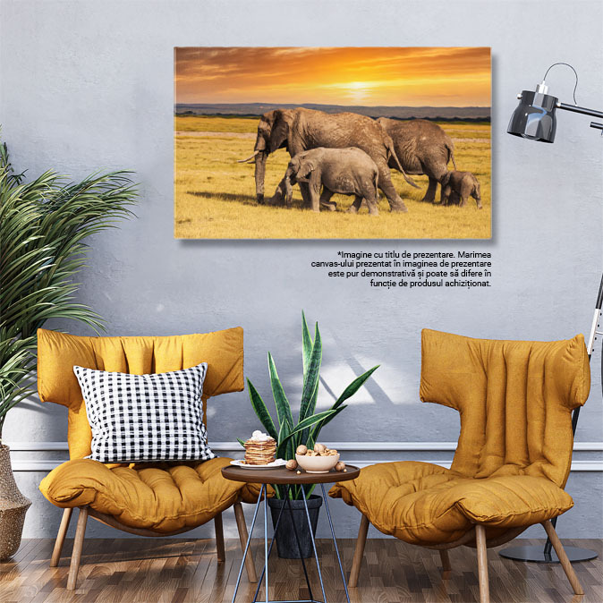 Tablou Canvas Elefanti cu Elefanti Bebelusi in Parcul National din Kenya safari, apus, turma, familie, natura africana 1821 40x25CM [2]