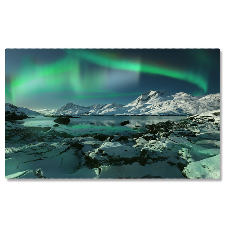 Aurora Boreală - Tablou Canvas Priveliste de Iarna la Sundstraumen Strait in Noapte Norvegia, Iarna, Apa, Munti, Noapte 1885 40x25CM