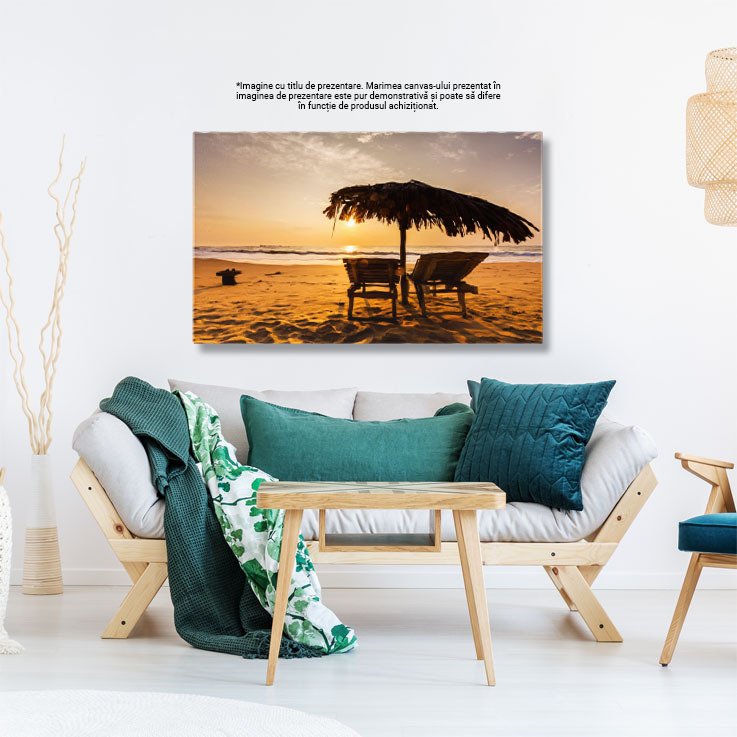 Tablou Canvas: Atmosfera de seara pe plaja, cu sezlonguri ce se decupeaza pe fundalul apusului 40x25CM [2]