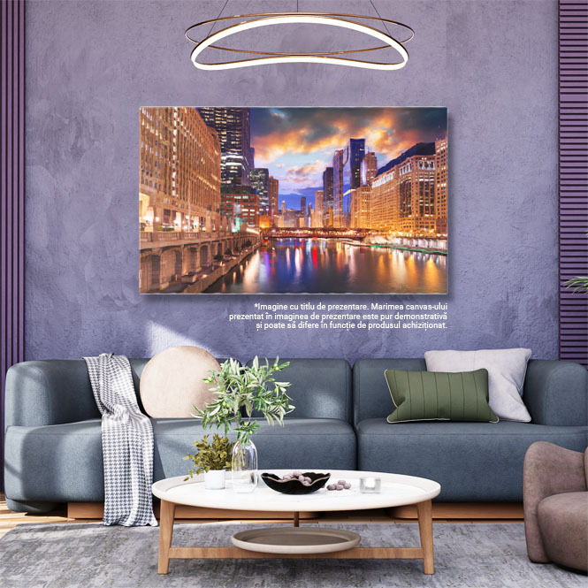 Tablou Canvas: Peisajul urban al Chicago-ului in amurg, cu zgarnie-nori iluminati, pun?i si cartierul financiar aglomerat 40x25CM [2]