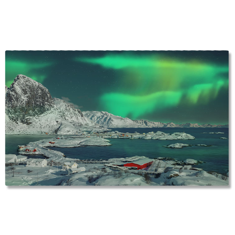 Aurora Boreală - Tablou Canvas Satul Hamnoy si Podul vazute de pe Insula Olenilsoya peisaj norvegian, sat traditional, pod, natura 2288 40x25CM