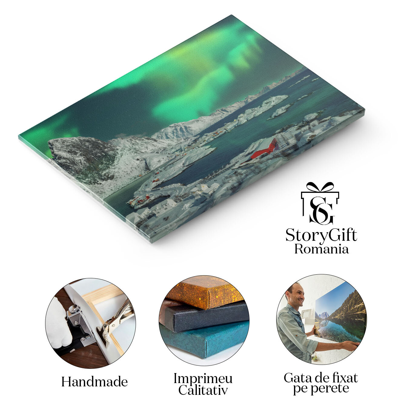 Tablou Canvas Satul Hamnoy si Podul vazute de pe Insula Olenilsoya peisaj norvegian, sat traditional, pod, natura 2288 40x25CM [1]