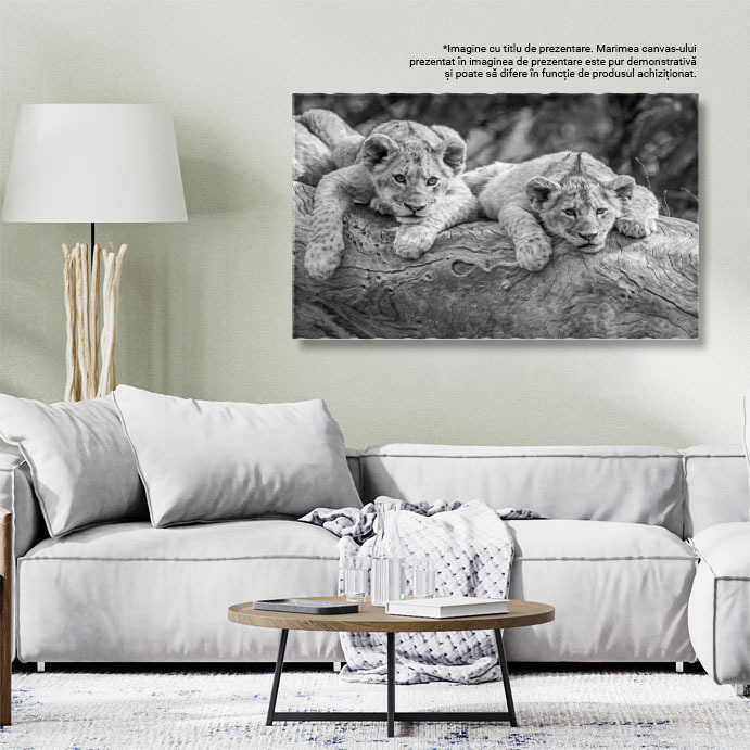 Tablou Canvas Pui de Leu Asezati pe un Trunchi Cazut, Feline, Safari, Natur 2785 40x25CM [2]