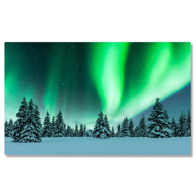 Aurora Boreală - Tablou Canvas Luminile Nordului in Padurea de Iarna, Aurora Boreala, Peisaj Nordic, Munti Albastri 3361 40x25CM