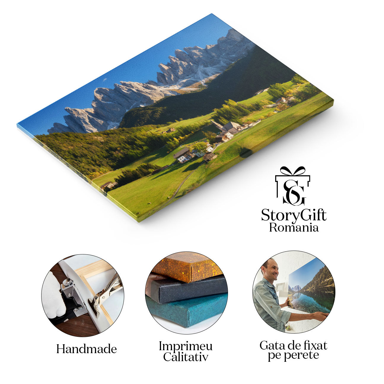 Tablou Canvas Santa Maddalena in Val di Funes, peisaj muntos, calatorie, ferma. 3874 40x25CM [1]